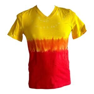 Unisex T-Shirt Size Small Handmade Tie Dye V-Neck Tee Yellow Red Summer OOAK New